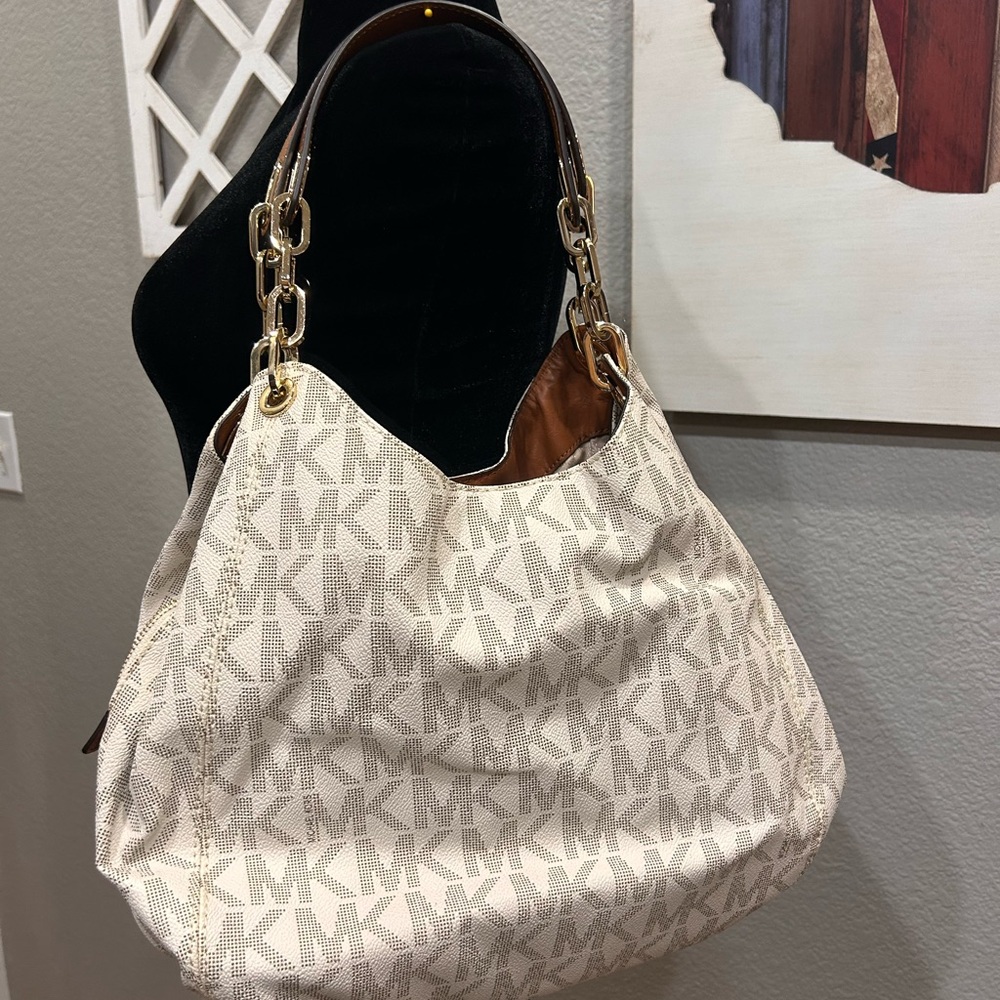 Michael Kors Cream and Brown Shoulder Bag